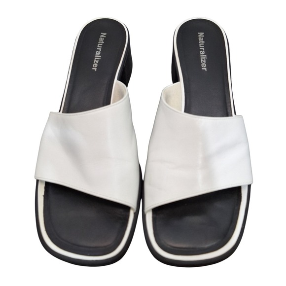 Naturalizer Shoes - Naturalizer Spangle White Black Leather Square Toe Block Heel Slide Sandals 9.5M